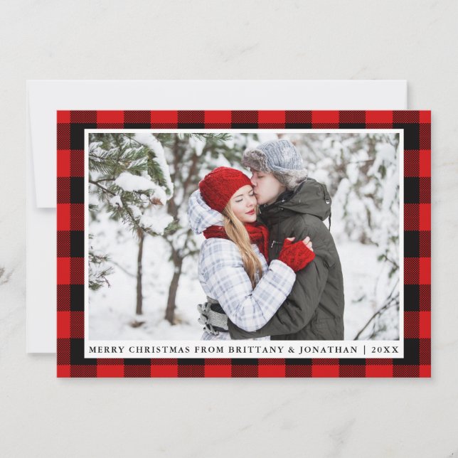 Joyeux Noël Rouge Plaid Couple Carte photo (Devant)