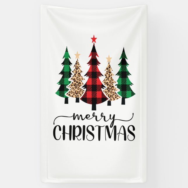 Joyeux Noël Rouge Vert Plaid Arbres Bannière (Vertical)