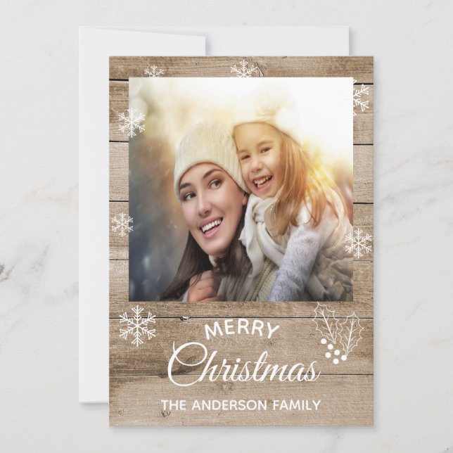 Joyeux Noël rustique carte photo en bois brun (Devant)