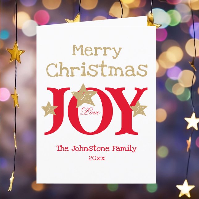 Joyeux Noël Rustique Script plié Carte de vacances (Deliver a bit of Joy! Customize these cheerful gold, red and white Christmas cards as you desire.)