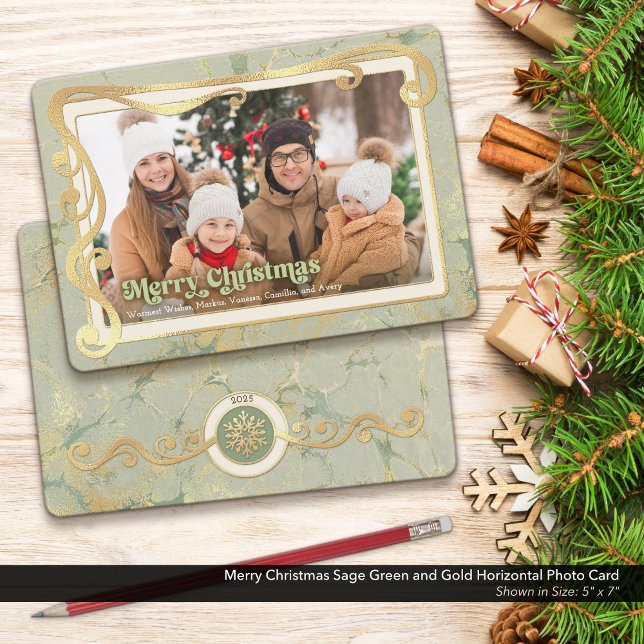 Joyeux Noël Sage Vert & Carte photo Or (Merry Christmas Photo Card with a Touch of Vintage Whimsy and Peaceful Sage Green & Gold Colors.)