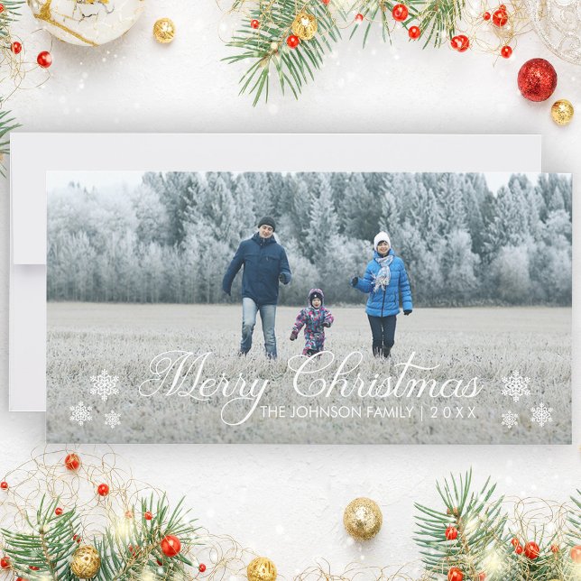 Joyeux Noël Snowflakes | Carte photo de vacances (Stylishly Personalize with Your Custom Photo, Name & Year.)