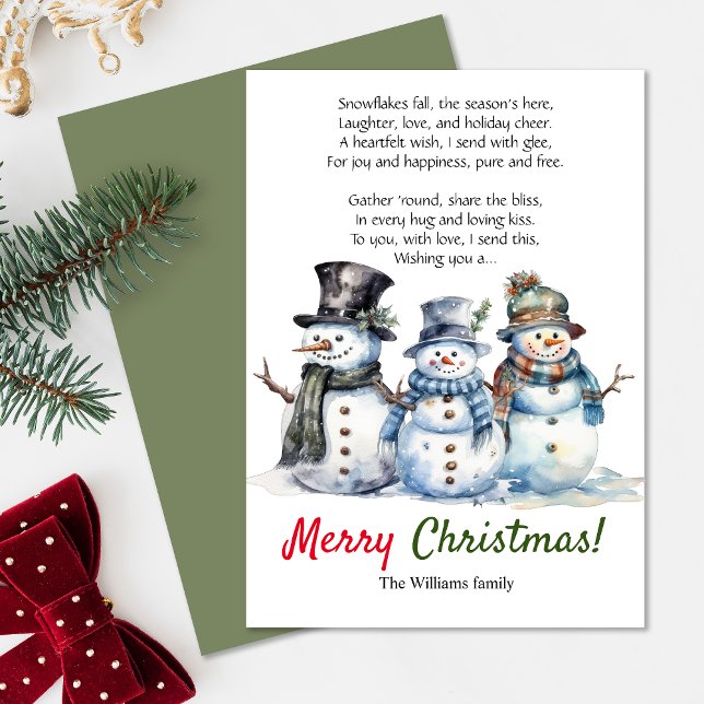 Joyeux Noël Snowman Poème de Noël Carte de voeux (Spread festive cheer with this 'Merry Christmas' snowmen greeting card featuring a heartfelt poem.)