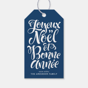 Joyeux Noël und Bonne Année Calligraphy Navy Blue Geschenkanhänger