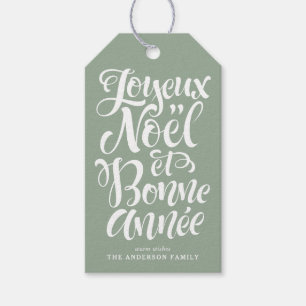 Joyeux Noël und Bonne Année Calligraphy Sage Green Geschenkanhänger