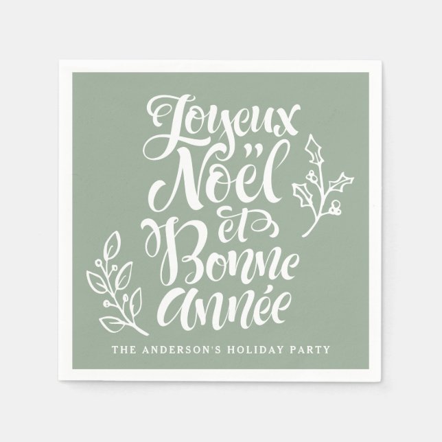 Joyeux Noël und Bonne Année Calligraphy Sage Green Serviette (Vorderseite)