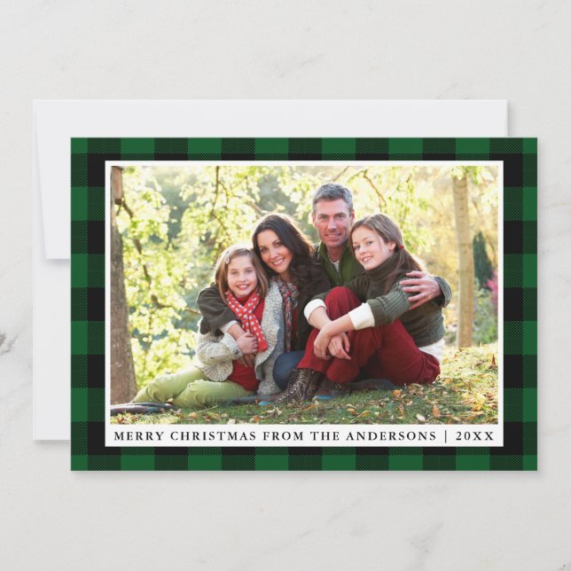 Joyeux Noël Vert Plaid Carte photo de famille (Devant)