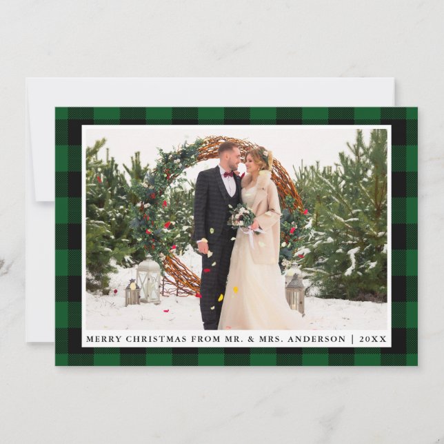Joyeux Noël Vert Plaid Mariage Carte photo (Devant)
