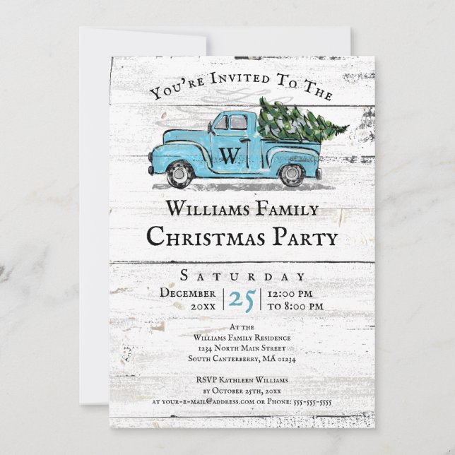 Joyeux Noël Vintage Blue Truck Invitation (Devant)