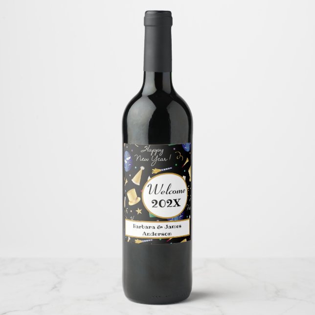 Joyeux Nouvel An Étiquette de vin personnalisé (Devant)