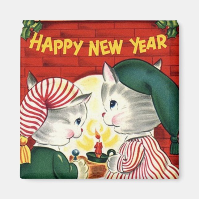 Joyeux Nouvel An Kittens Magnet Vintage (Devant)
