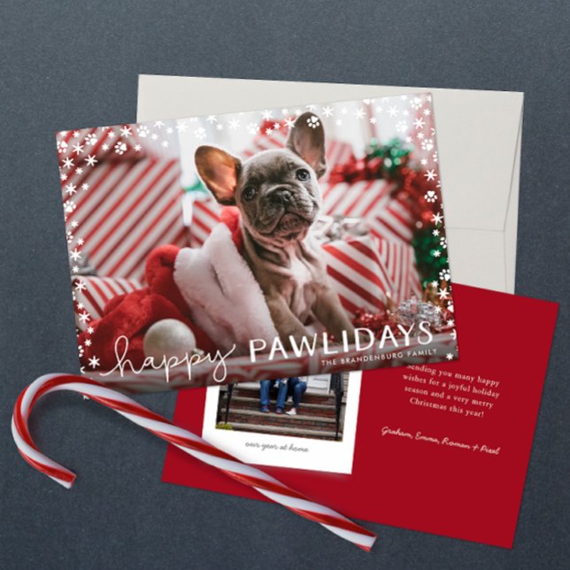 Joyeux Pawlidays Pet Lover Carte photo de vacances (Happy Pawlidays snowflake paw two photo Christmas holiday card with red backer and personalized text)