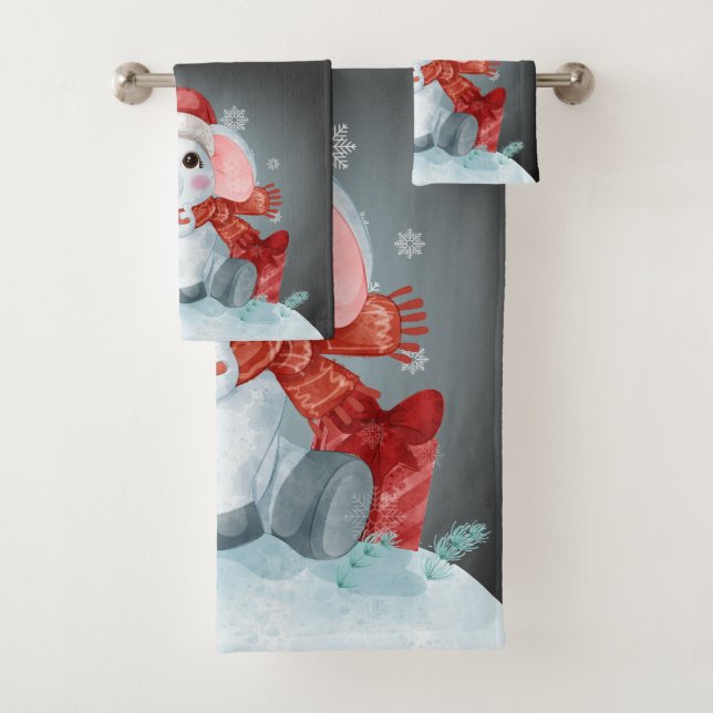 Joyeux pingouin de Noël pour ensemble de serviette (En situation)