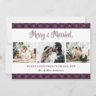 Joyeux purple plaid et carte de Noël marié