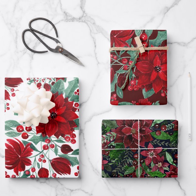 Joyeux rouge Poinsettia Fleurs Feuilles ivoire Aqu (Recto)