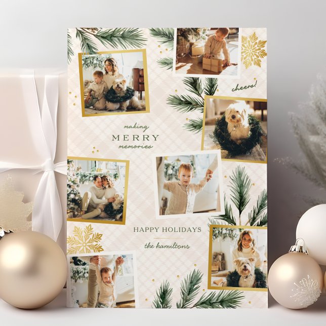 Joyeux souvenirs 7 photo Carte de Noël (Making merry memories 5x7 photo collage holiday card. Pine and gold snowflake accents. 7 photo )