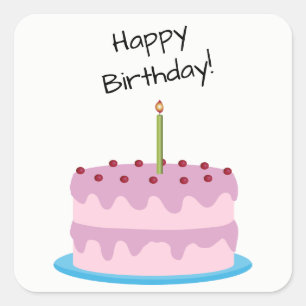 Joyeux Sticker Carré de gâteau rose d'anniversaire