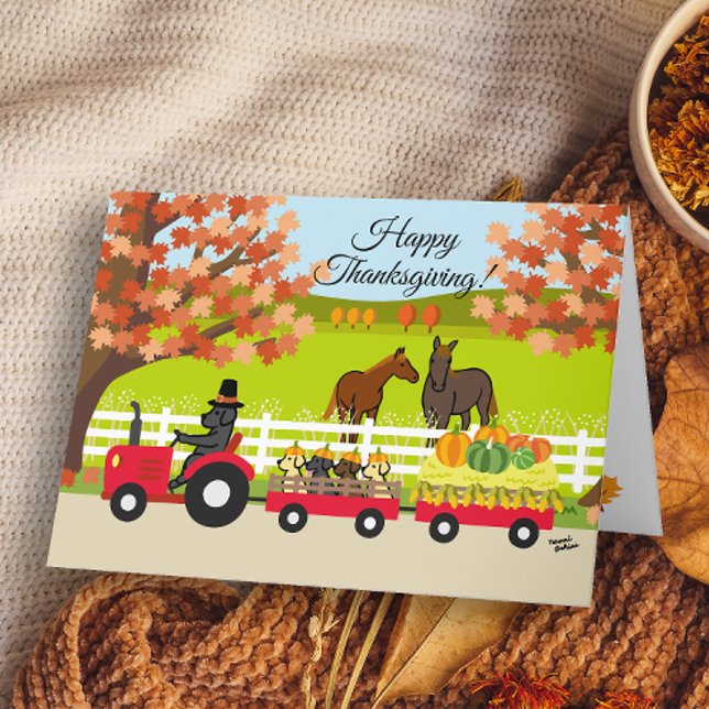 Joyeux Thanksgiving Labradors et Carte Tracteur (Happy Thanksgiving Labrador and Tractor Design Card for Black Labrador Owners.)