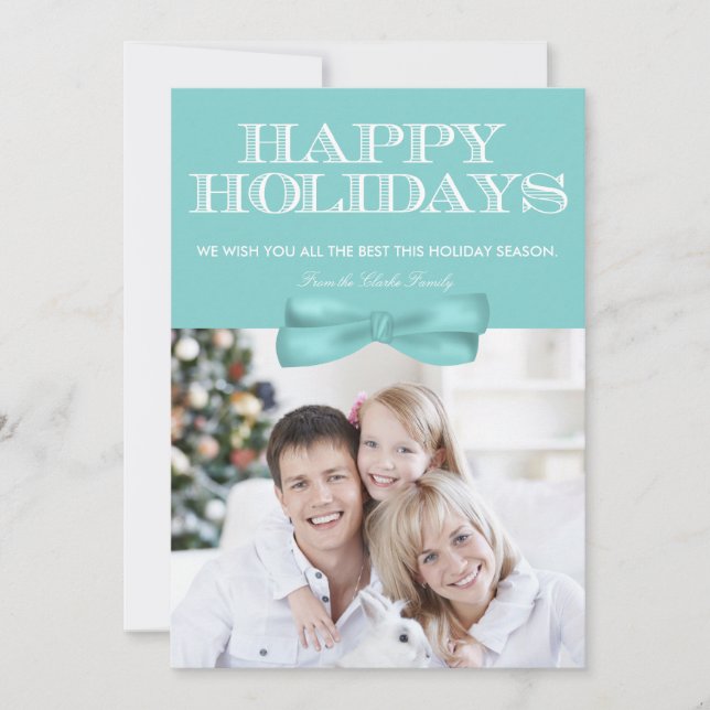 Joyeux Vacances Blue Bow Chevron Carte photo (Devant)