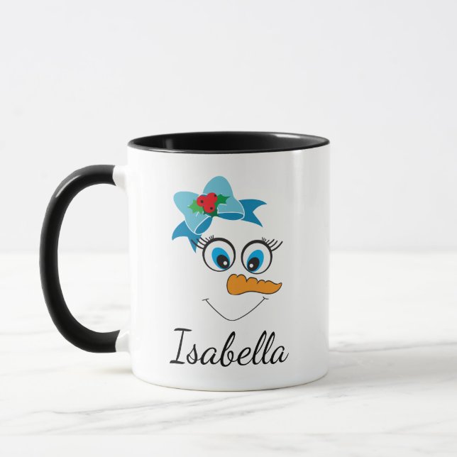 Joyeux visage Snowman Nom personnalisé Mug de Noël (Gauche)