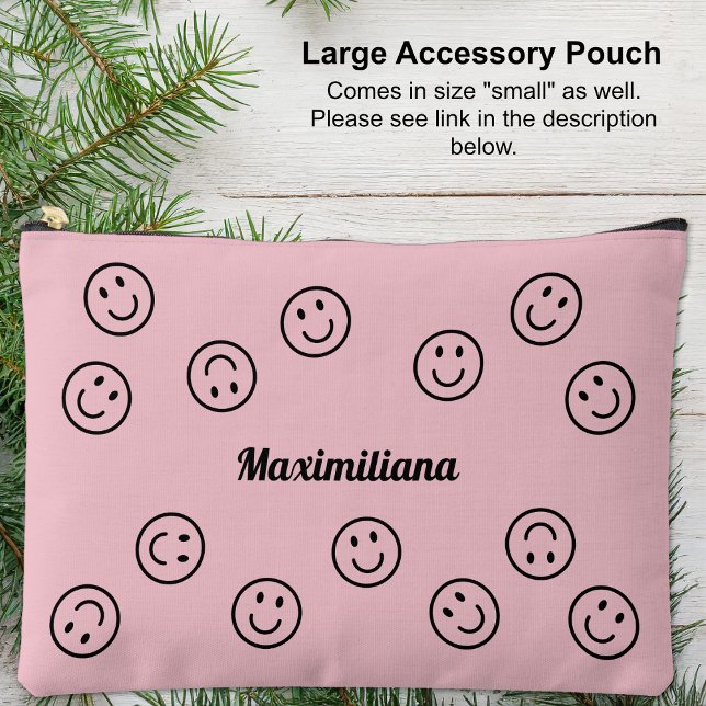 Joyeux visages noir sur rose - GRAND sac d'accesso (Happy Faces on Pink - LARGE Accessory Pouch)