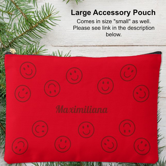 Joyeux visages rouge sur clairRouge- LARGE sac d'a (Large Accessory Pouch - Happy Faces Red on Light Red by Leapfroglisics Shop)