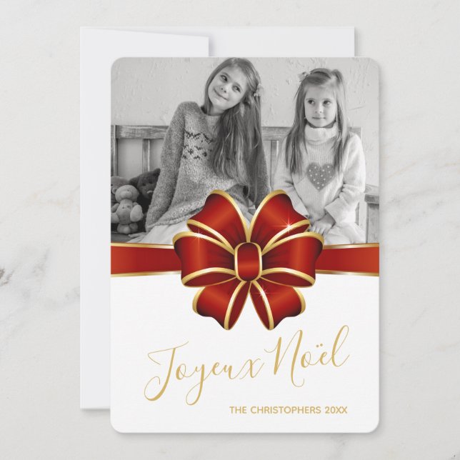 Joyeux Weihnachten Elegante Red Gold Bow Foto Weih (Vorderseite)