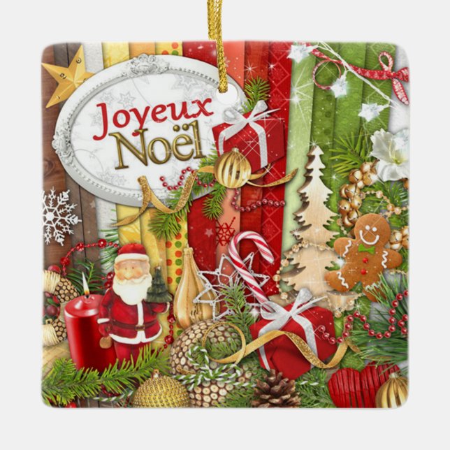 Joyeux Weihnachten ( Französisch frohe Weihnachten Keramikornament (Vorderseite)