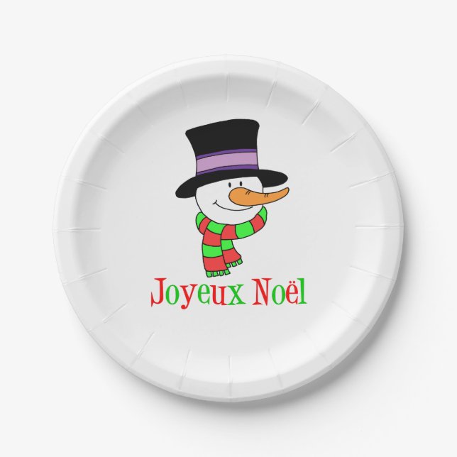 Joyeux Weihnachten Französischer Cartoon Snowman W Pappteller (Vorderseite)