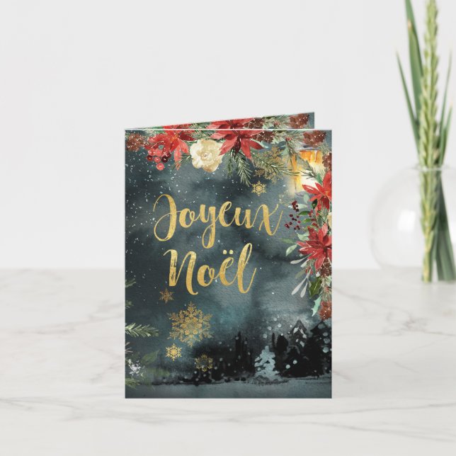 Joyeux Weihnachten Gold Calligraphy Woodland Flora (Vorderseite)