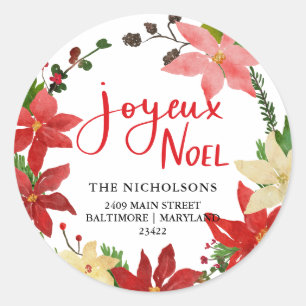 Joyeux Weihnachten Poinsettia Wreath Rücksendeadre Runder Aufkleber
