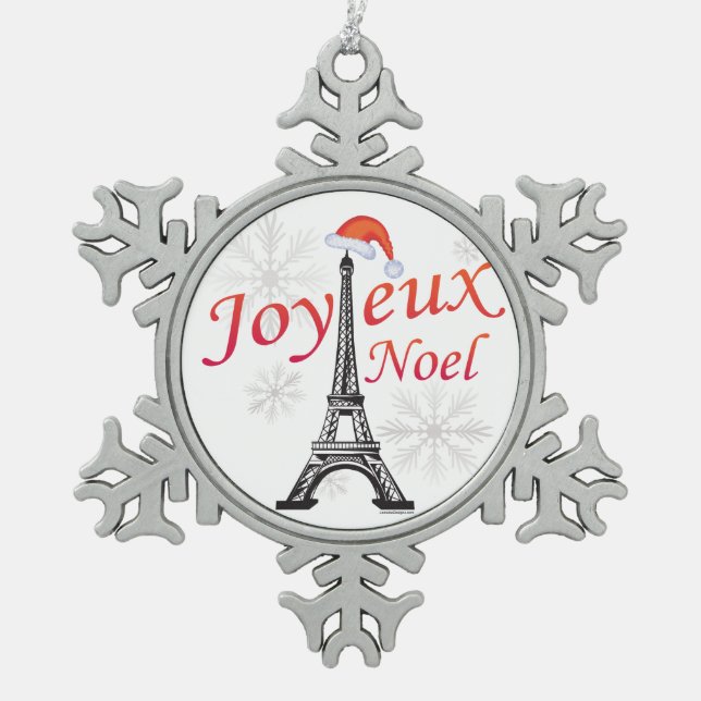 Joyeux Weihnachten Schneeflocken Zinn-Ornament (Vorderseite)