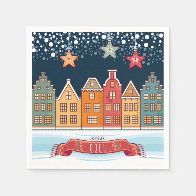 Joyeux Weihnachten Stadthäuser Schneedorf Illustra Serviette (Vorderseite)
