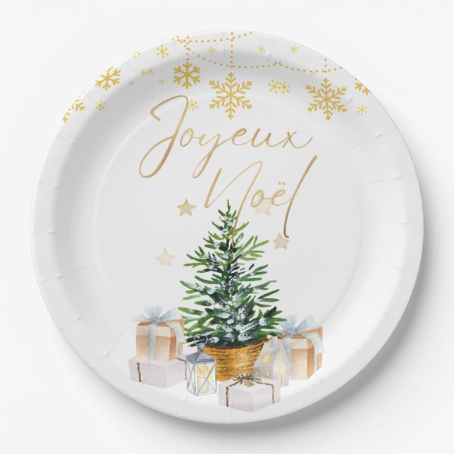 Joyeux Weihnachten Weihnachtsbaum Gold Schneeflock Pappteller (Vorderseite)