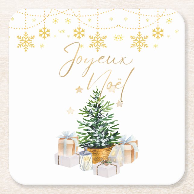 Joyeux Weihnachten Weihnachtsbaum Gold Schneeflock Rechteckiger Pappuntersetzer (Vorderseite)