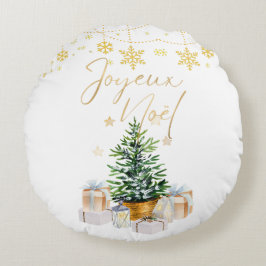 Joyeux Weihnachten Weihnachtsbaum Gold Schneeflock Rundes Kissen