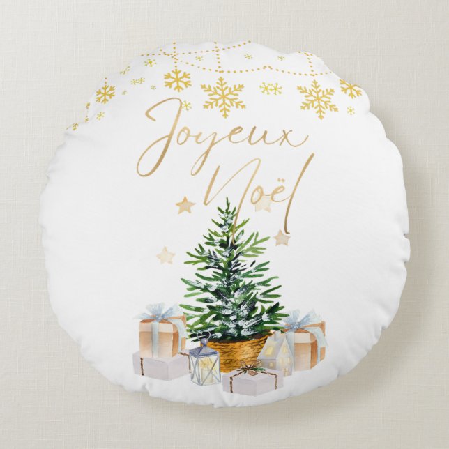 Joyeux Weihnachten Weihnachtsbaum Gold Schneeflock Rundes Kissen (Vorderseite)