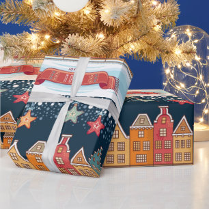 Joyeux Weihnachten Winterhäuser Schneedörfchen Geschenkpapier