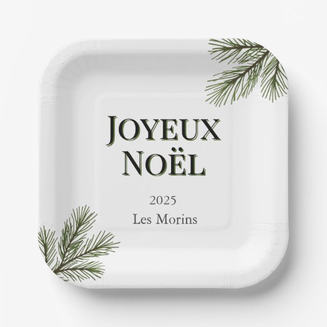Joyeux Weihnachten - zarte Kiefernäste Pappteller (Vorderseite)