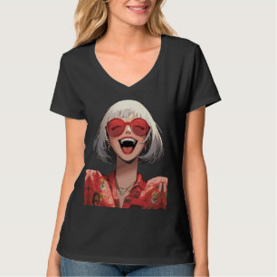 Joyful Anime Girl: Graues Haar, rote Brille, Red R T-Shirt