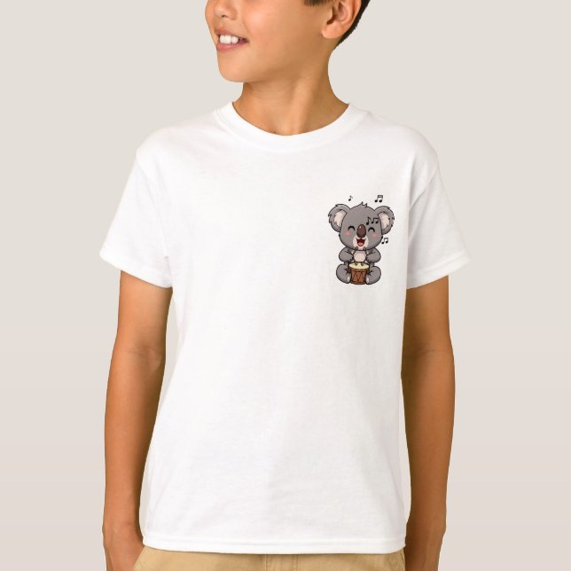 Joyful Baby Koala Playing Drums with Musical Notes T-Shirt (Vorderseite)