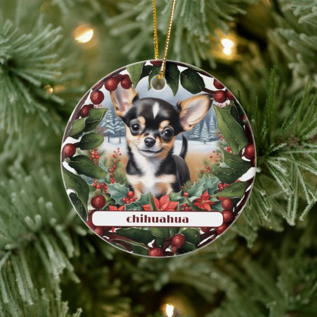 Joyful Black Chihuahua Puppy Custom Christmas Keramik Ornament (Baum)