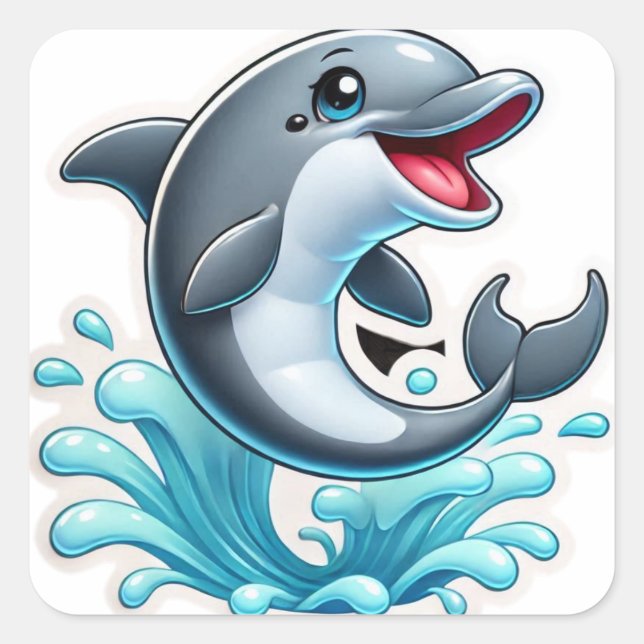 Joyful Blue Dolphin Splash Quadratischer Aufkleber (Vorderseite)