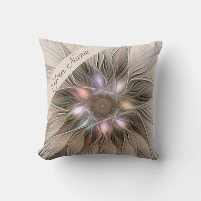 Joyful Blume Abstrakt Art Beige Braun Name Kissen (Vorderseite)