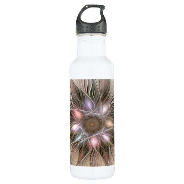 Joyful Blume Abstrakt Beige Brown Fraktal Edelstahlflasche (Vorderseite)