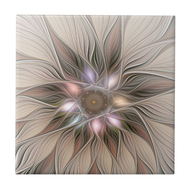 Joyful Blume Abstrakt Beige Brown Fraktal Fliese (Vorderseite)