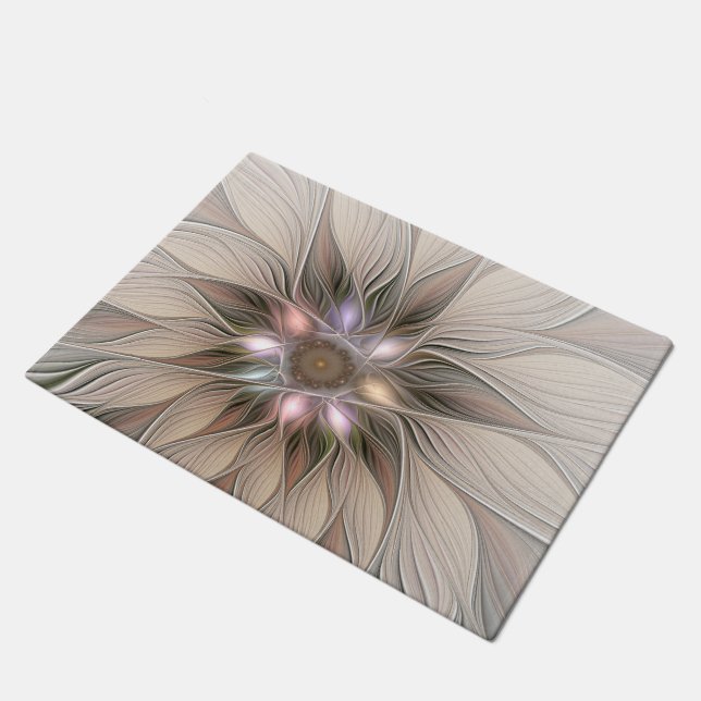 Joyful Blume Abstrakt Beige Brown Fraktal Fußmatte (Schrägansicht)