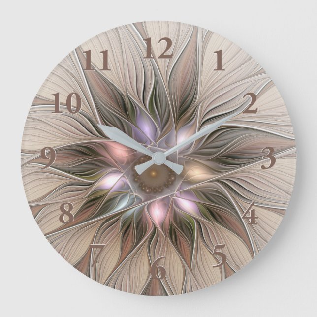 Joyful Blume Abstrakt Beige Brown Fraktal Große Wanduhr (Vorderseite)