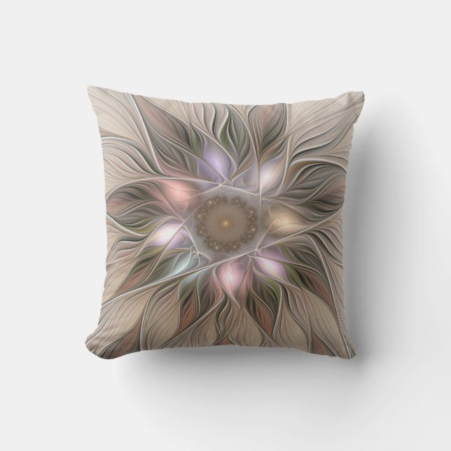 Joyful Blume Abstrakt Beige Brown Fraktal Kissen (Vorderseite)
