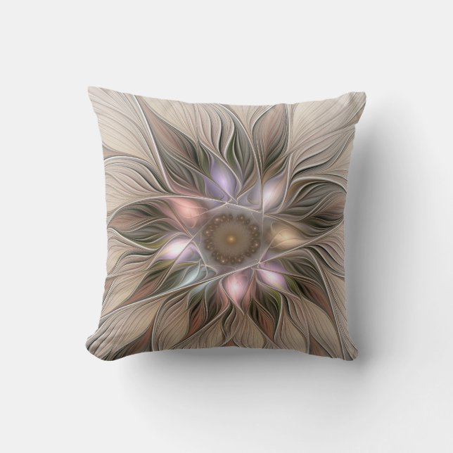 Joyful Blume Abstrakt Beige Brown Fraktal Kissen (Vorderseite)